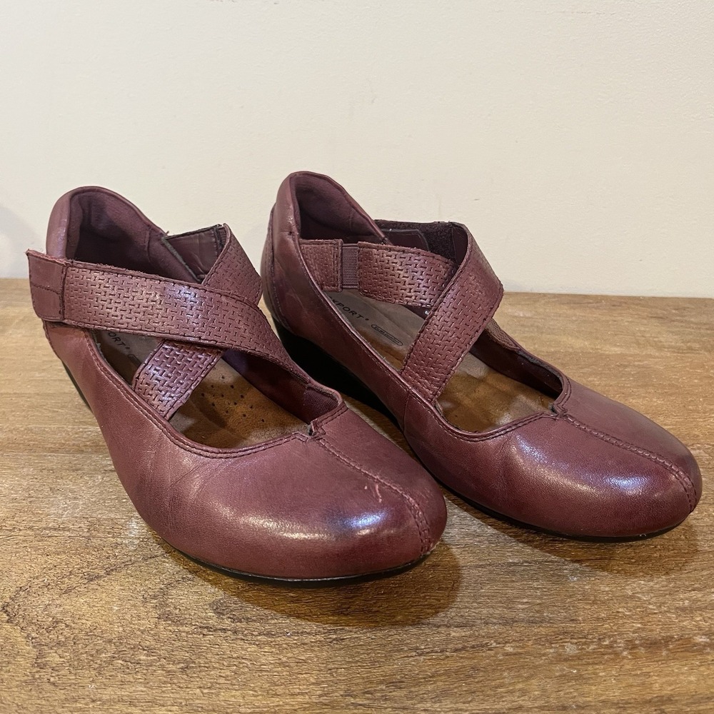 Rockport Janet Mary Jane Shoes Women 8.5M Burgundy Red Leather Comfort Wedge